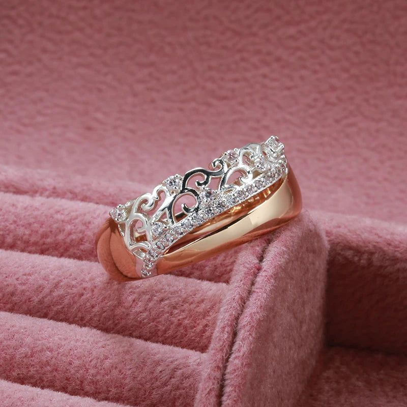 Classic Floral 585 Rose Gold & White Gold Ring with Natural Zircon Crystals