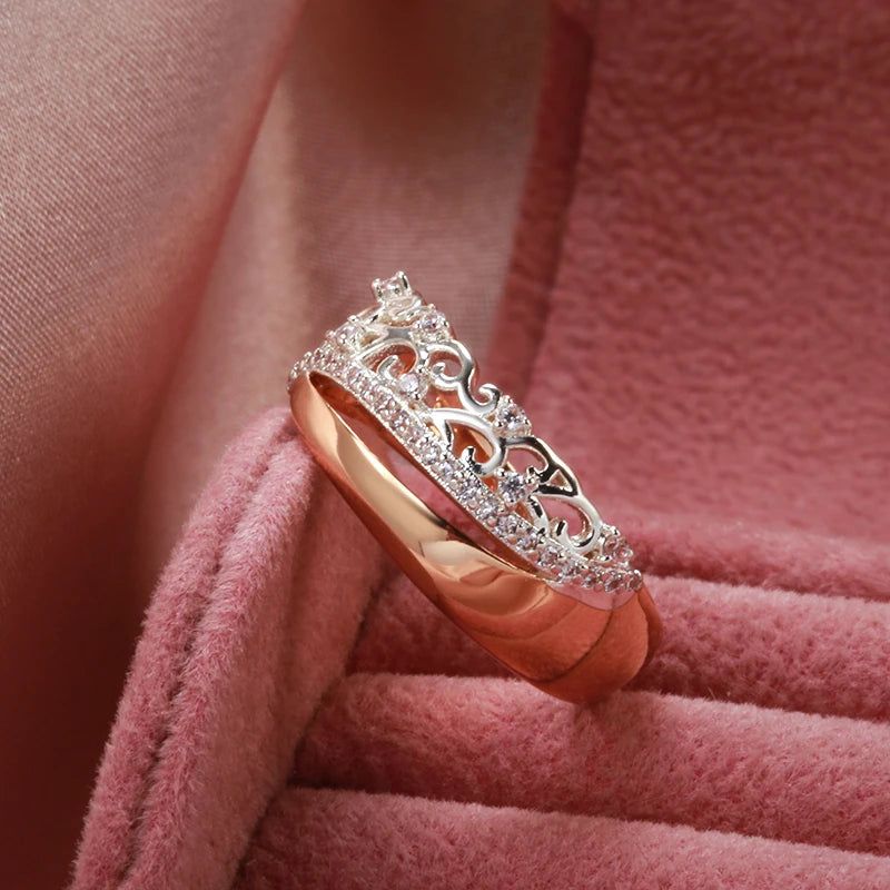 Classic Floral 585 Rose Gold & White Gold Ring with Natural Zircon Crystals