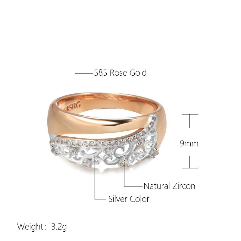 Classic Floral 585 Rose Gold & White Gold Ring with Natural Zircon Crystals