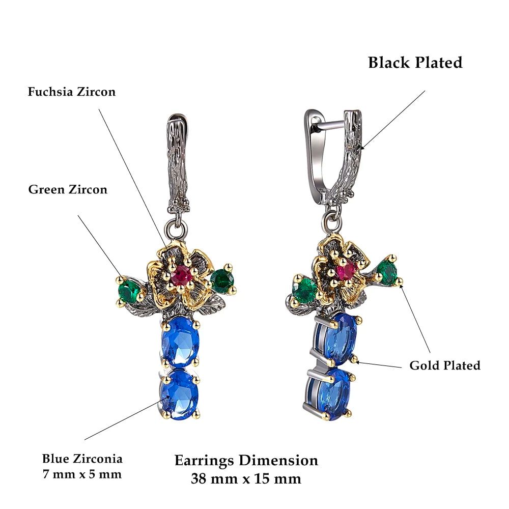 Classic Floral Drop Earrings with Blue Zirconia for Stylish Chic Look