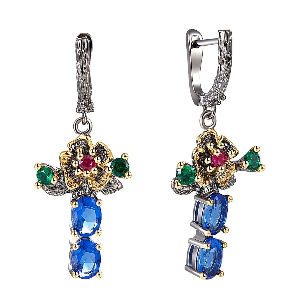 Classic Floral Drop Earrings with Blue Zirconia for Stylish Chic Look