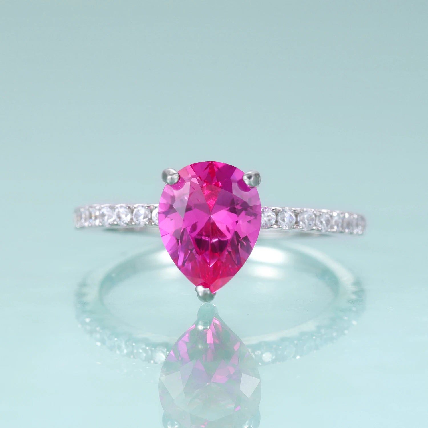 Classic Pear Shape Lab Pink Sapphire Ring 925 Silver Dainty