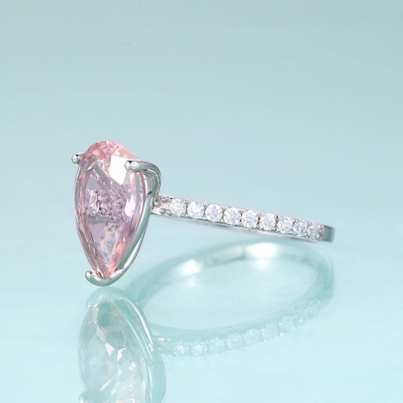 Classic Pear Shape Nano Morganite Gemstone Rings 925 Sterling Silver