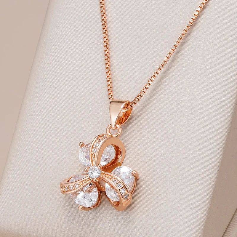 Classic Rose Gold Flower Pendant Necklace with Natural Zircon Accents