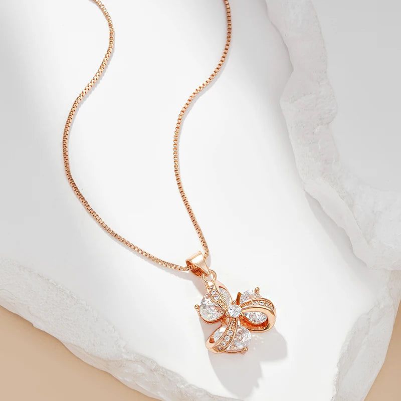 Classic Rose Gold Flower Pendant Necklace with Natural Zircon Accents