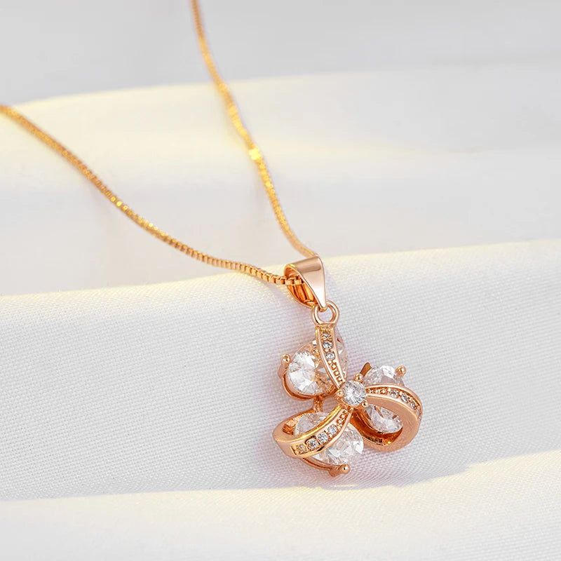 Classic Rose Gold Flower Pendant Necklace with Natural Zircon Accents