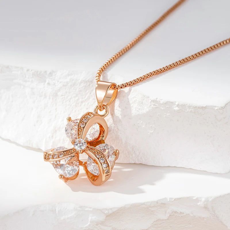 Classic Rose Gold Flower Pendant Necklace with Natural Zircon Accents