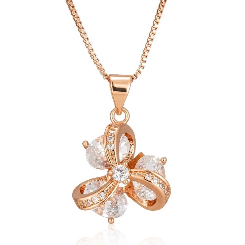 Classic Rose Gold Flower Pendant Necklace with Natural Zircon Accents