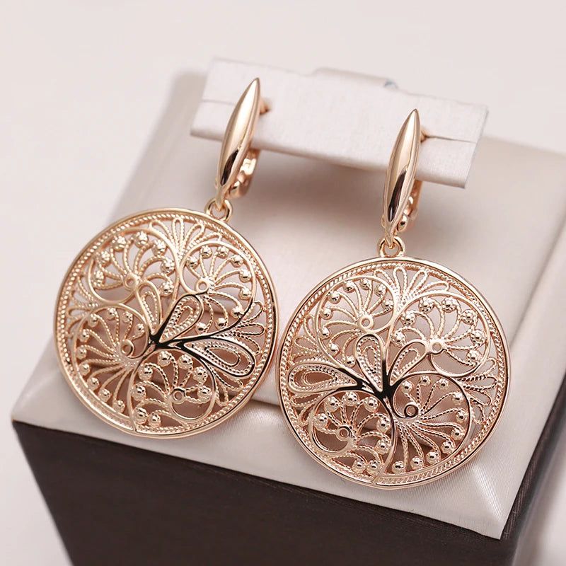 Classic Rose Gold Flower Sculpture Dangle Earrings with Glossy Finish