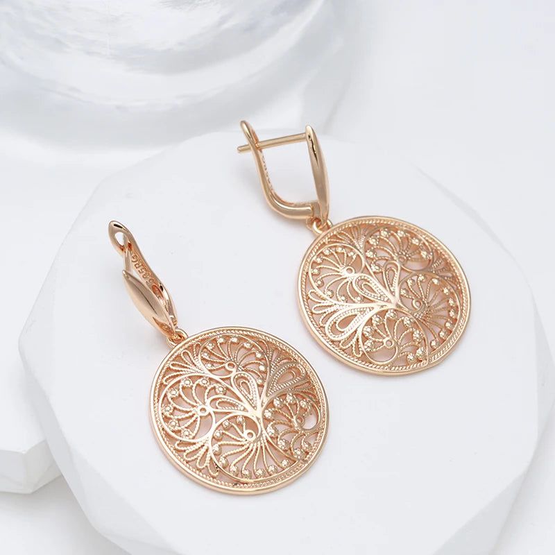 Classic Rose Gold Flower Sculpture Dangle Earrings with Glossy Finish