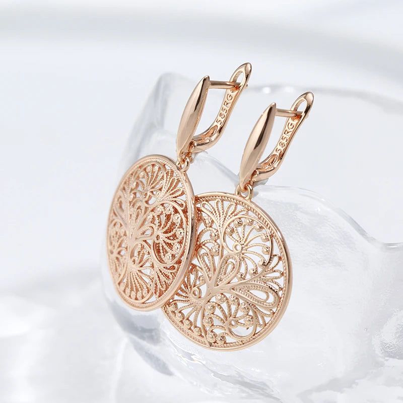 Classic Rose Gold Flower Sculpture Dangle Earrings with Glossy Finish