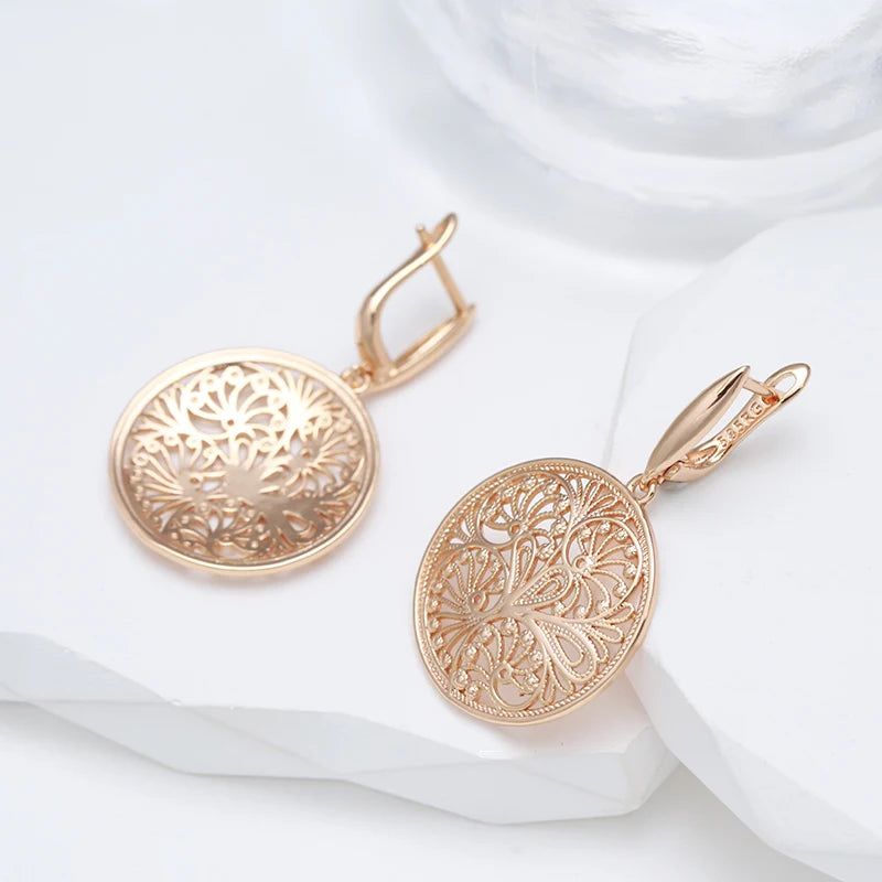 Classic Rose Gold Flower Sculpture Dangle Earrings with Glossy Finish