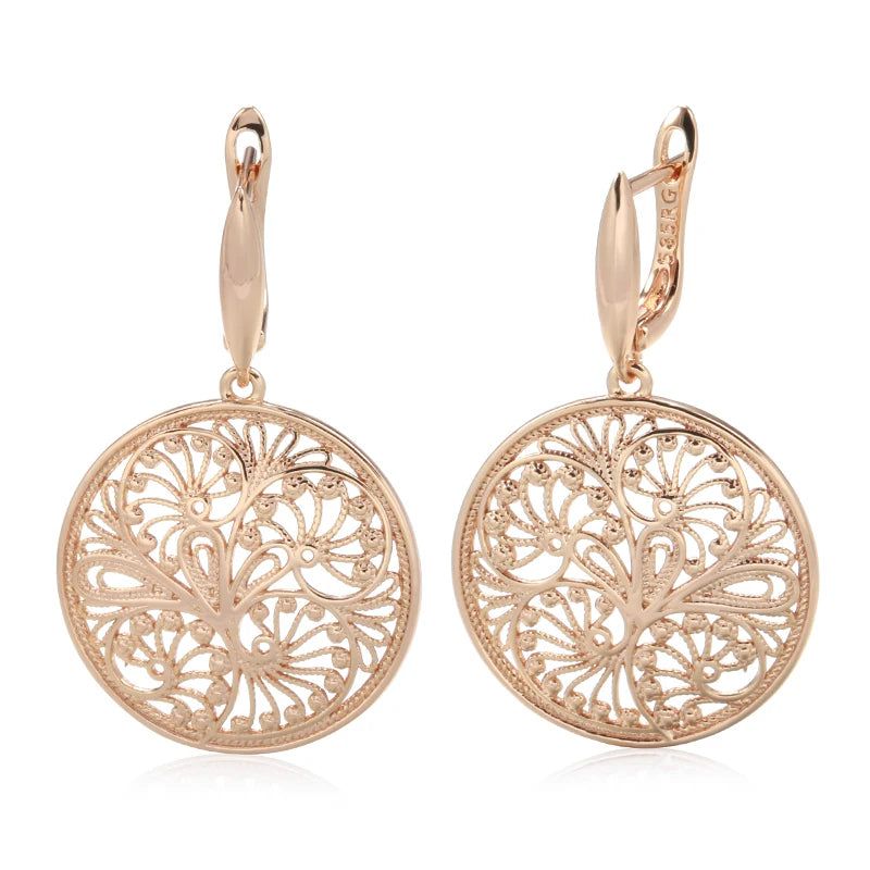 Classic Rose Gold Flower Sculpture Dangle Earrings with Glossy Finish