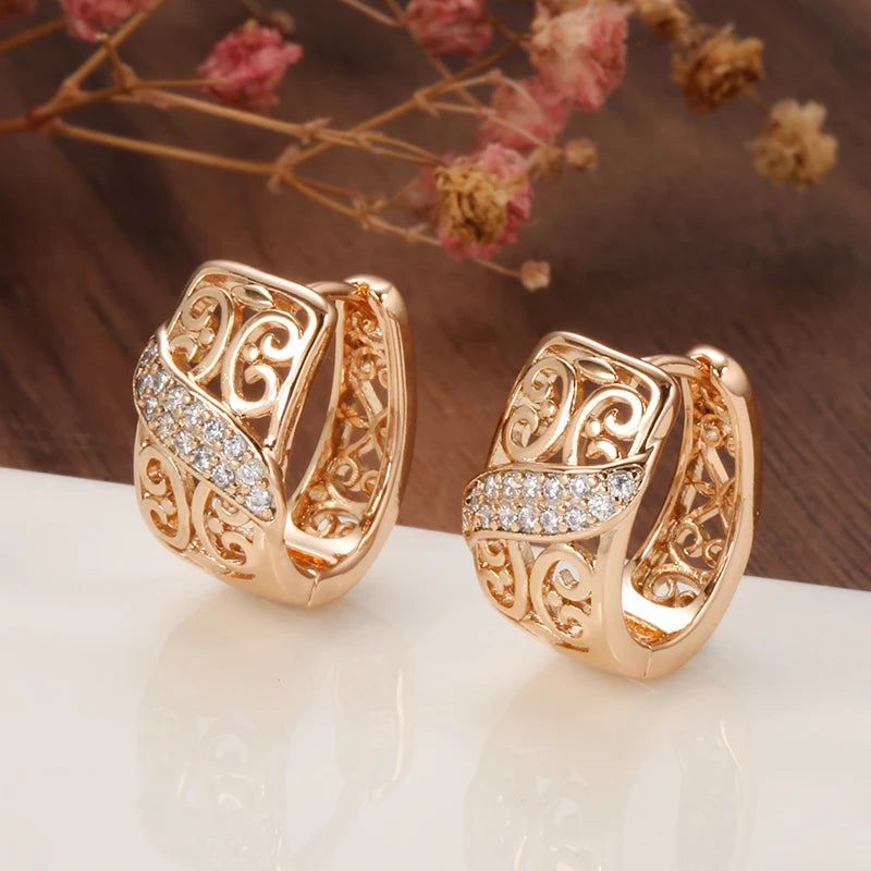 Classic Rose Gold Flower Zircon Stud Earrings - Luxurious Hollow Design