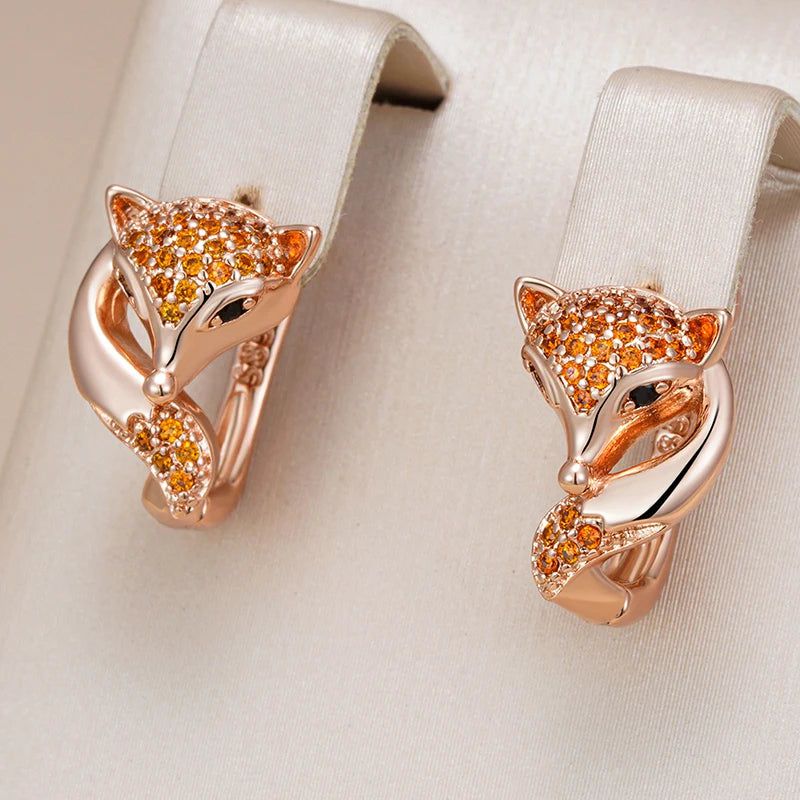 Classic Rose Gold Fox Earrings with Red Zircon Accents