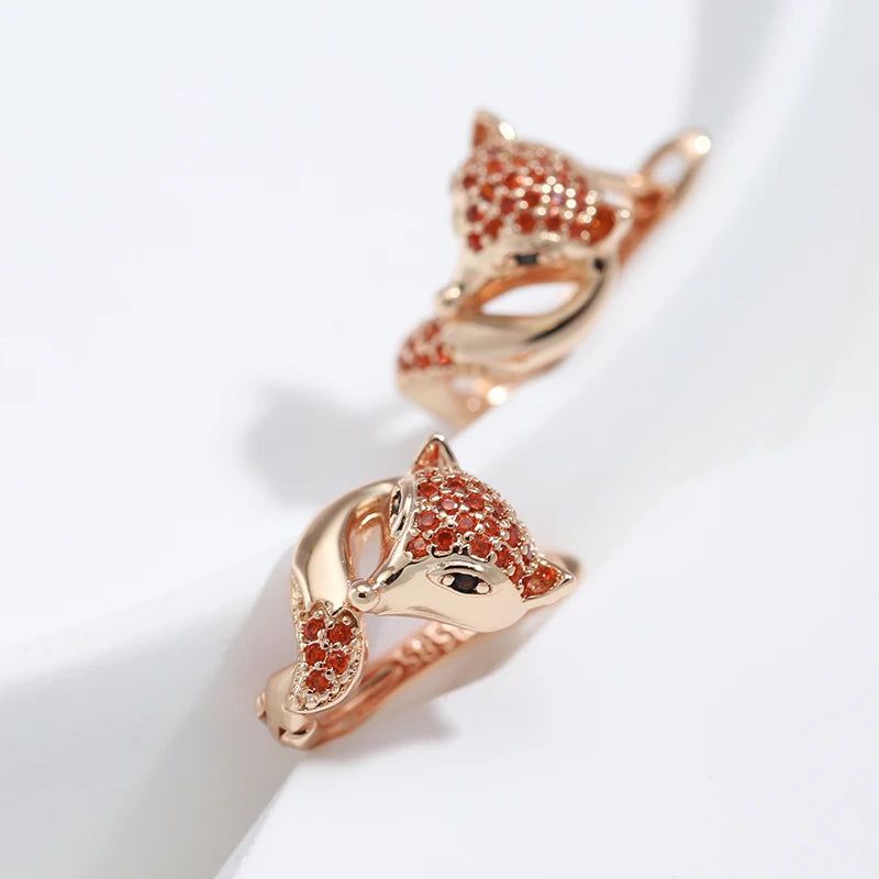 Classic Rose Gold Fox Earrings with Red Zircon Accents