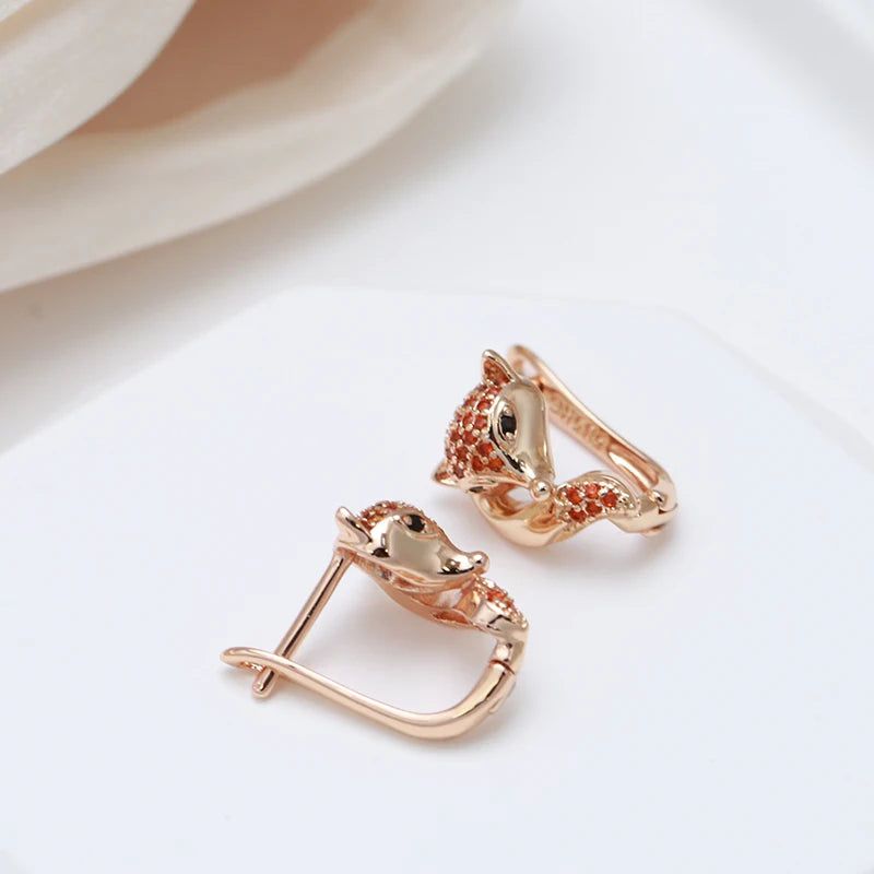 Classic Rose Gold Fox Earrings with Red Zircon Accents