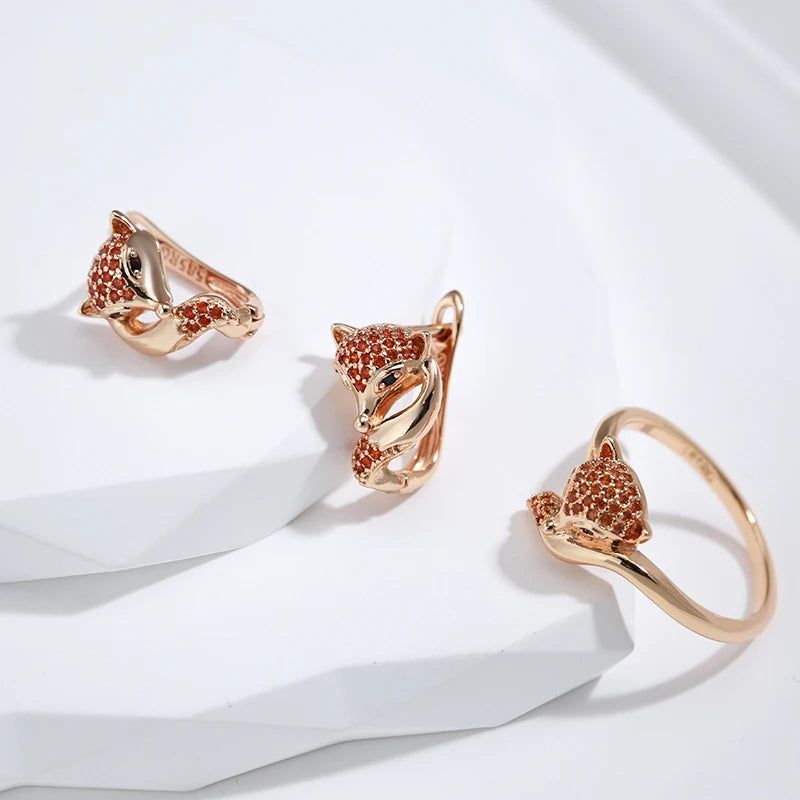 Classic Rose Gold Fox Earrings with Red Zircon Accents