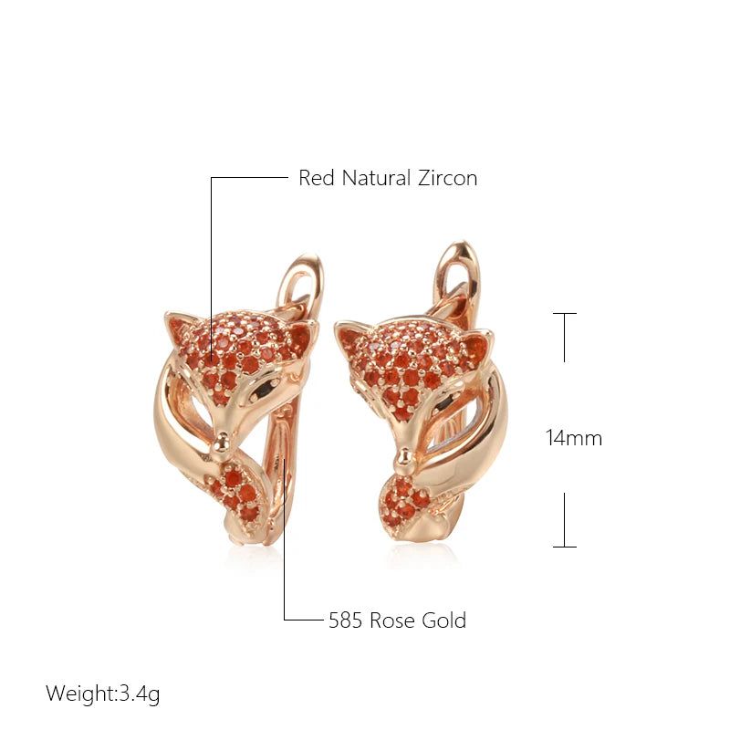 Classic Rose Gold Fox Earrings with Red Zircon Accents