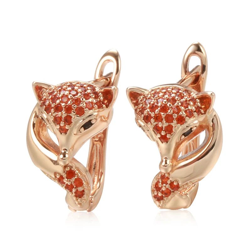 Classic Rose Gold Fox Earrings with Red Zircon Accents