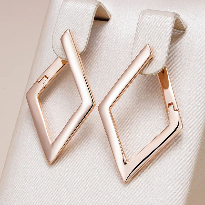 Classic Rose Gold Geometric Dangle Earrings with Glossy Finish and High-Quality Zirconia