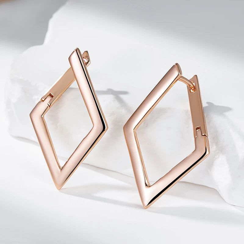 Classic Rose Gold Geometric Dangle Earrings with Glossy Finish and High-Quality Zirconia