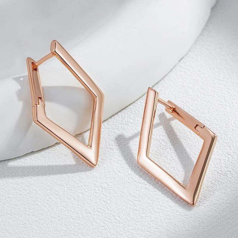 Classic Rose Gold Geometric Dangle Earrings with Glossy Finish and High-Quality Zirconia