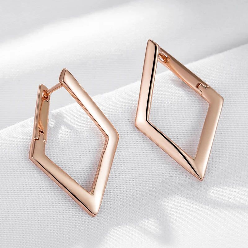 Classic Rose Gold Geometric Dangle Earrings with Glossy Finish and High-Quality Zirconia