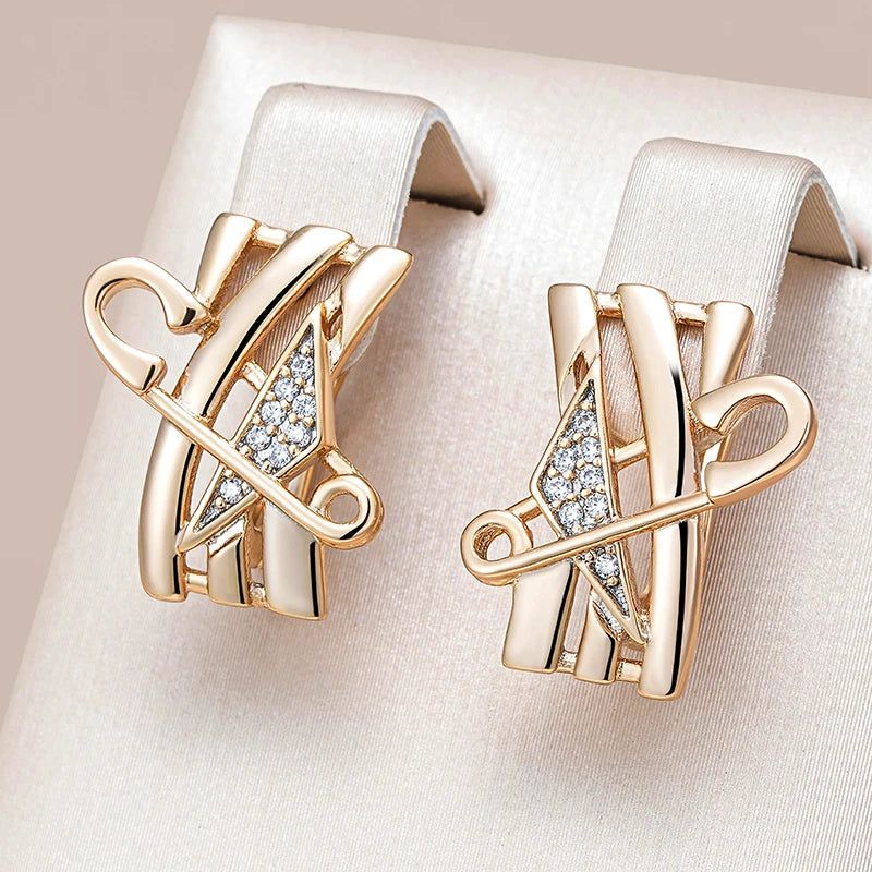 Classic Rose Gold Geometric Dangle Earrings with Natural Zircon Accents