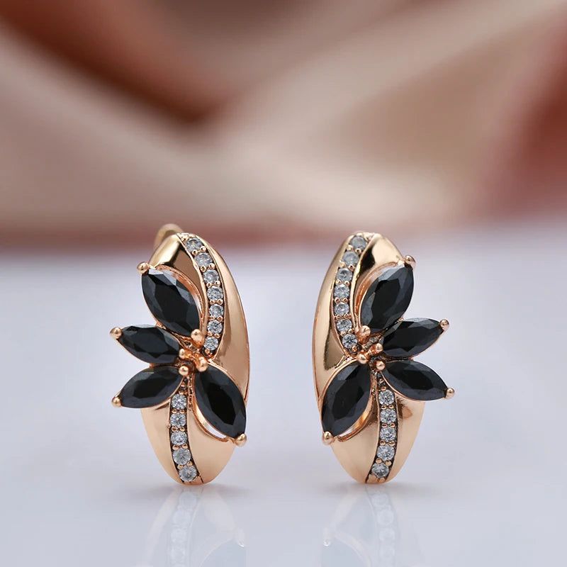 Classic Rose Gold Geometric Drop Earrings with Black and White Natural Zircon - Vintage Fashion Jewelry