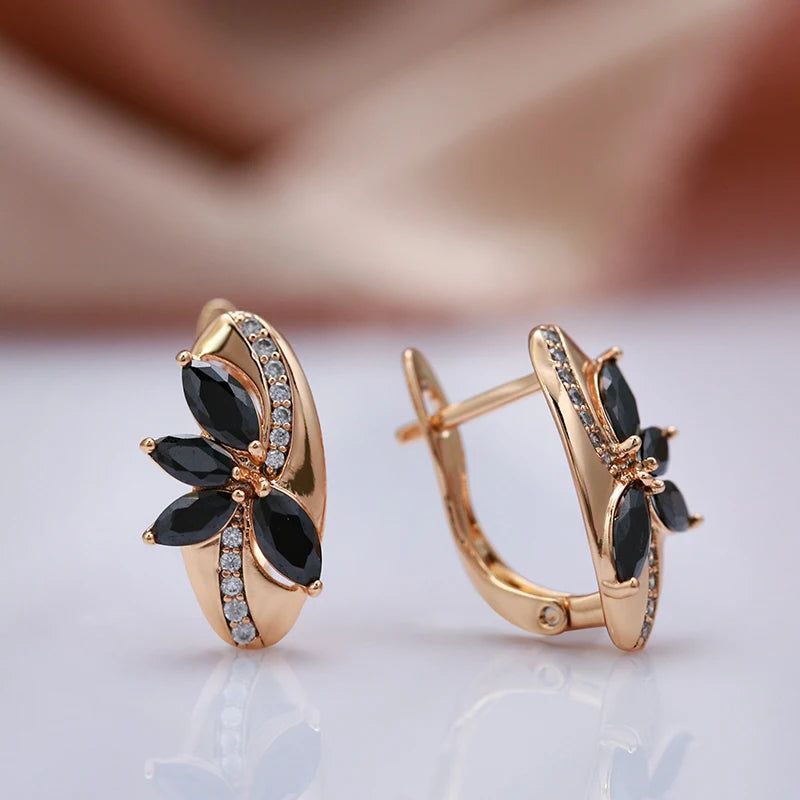 Classic Rose Gold Geometric Drop Earrings with Black and White Natural Zircon - Vintage Fashion Jewelry