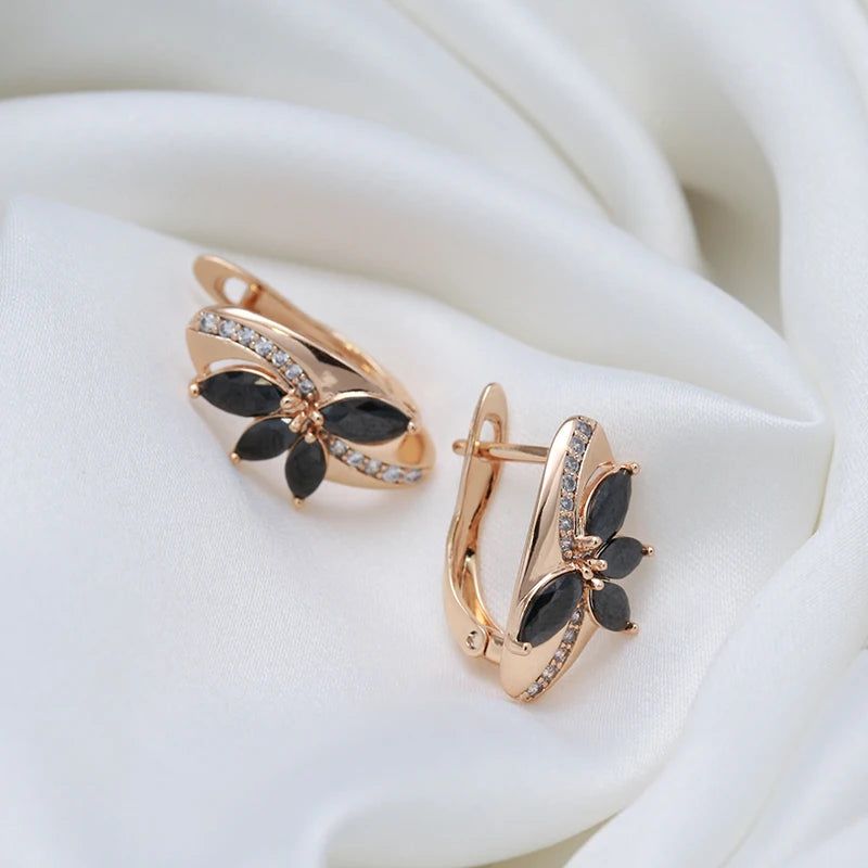 Classic Rose Gold Geometric Drop Earrings with Black and White Natural Zircon - Vintage Fashion Jewelry