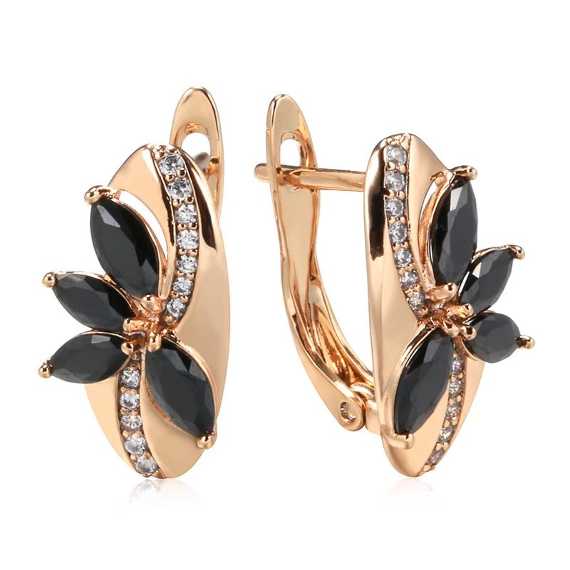 Classic Rose Gold Geometric Drop Earrings with Black and White Natural Zircon - Vintage Fashion Jewelry