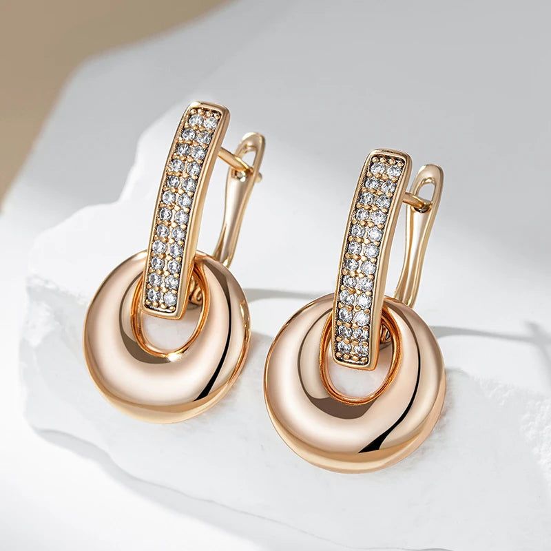 Classic Rose Gold Geometric Drop Earrings with Natural Zircon Accents