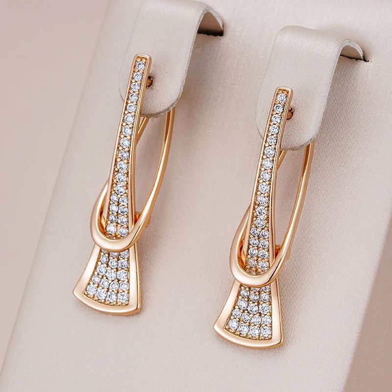 Classic Rose Gold Geometric Drop Earrings with Natural Zircon Crystals