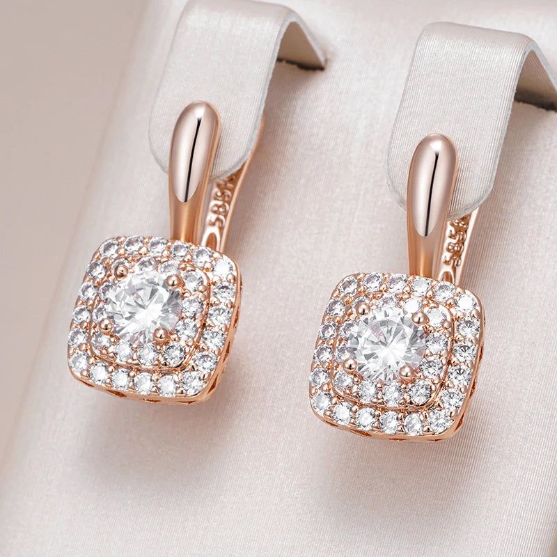 Classic Rose Gold Geometric Drop Earrings with Natural Zircon Crystals