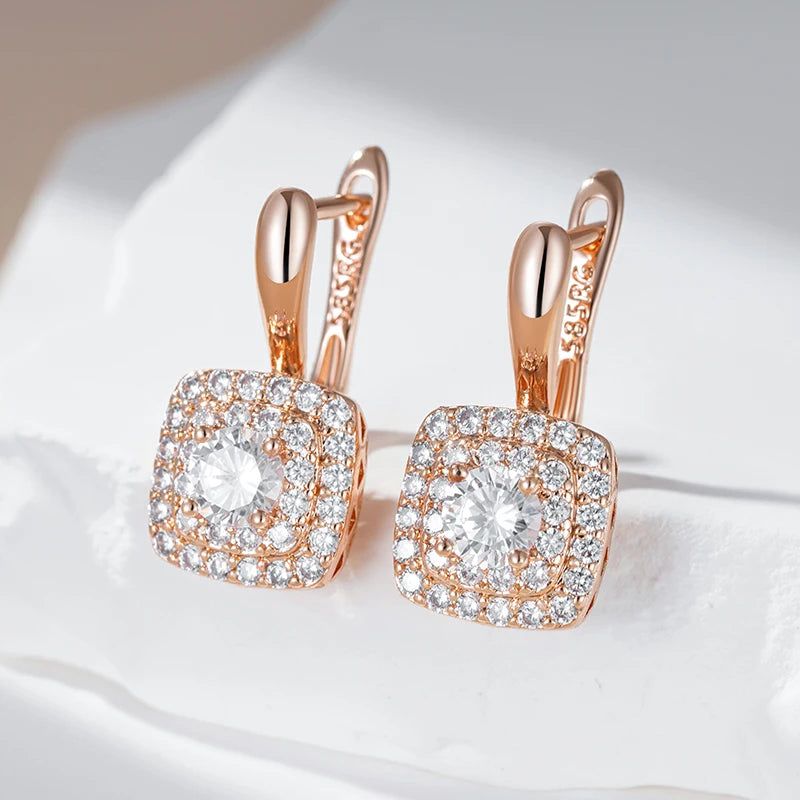 Classic Rose Gold Geometric Drop Earrings with Natural Zircon Crystals