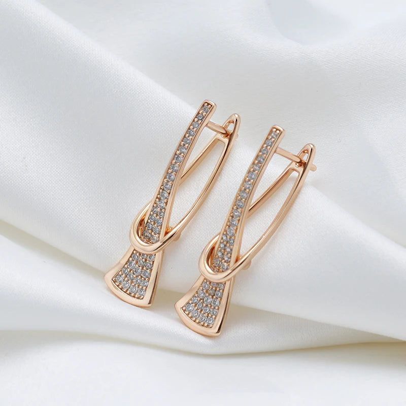 Classic Rose Gold Geometric Drop Earrings with Natural Zircon Crystals