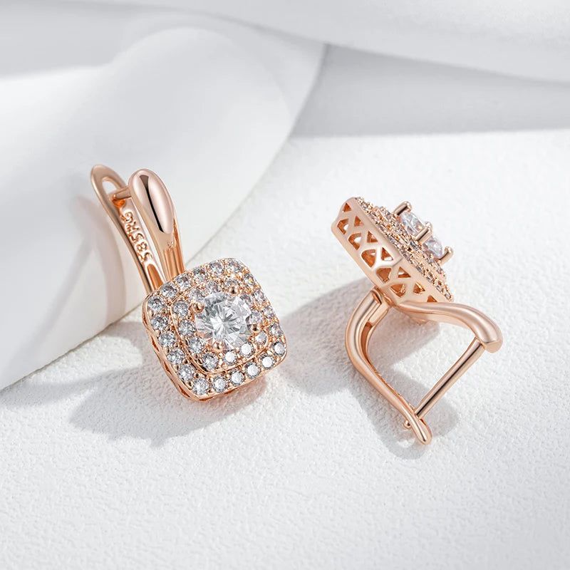 Classic Rose Gold Geometric Drop Earrings with Natural Zircon Crystals