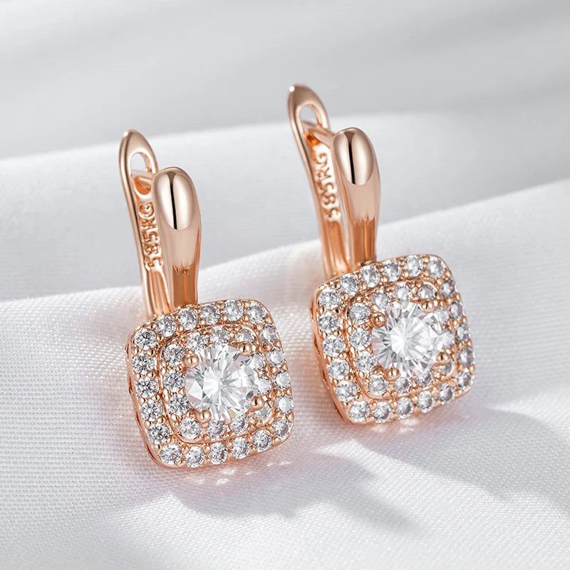 Classic Rose Gold Geometric Drop Earrings with Natural Zircon Crystals