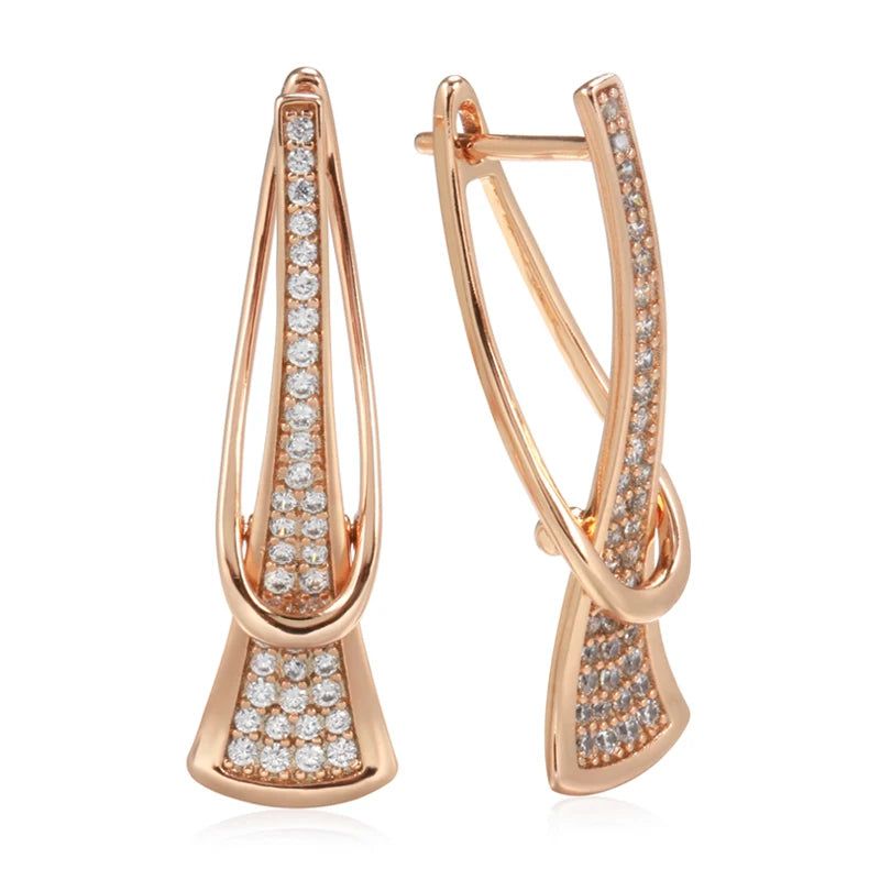 Classic Rose Gold Geometric Drop Earrings with Natural Zircon Crystals