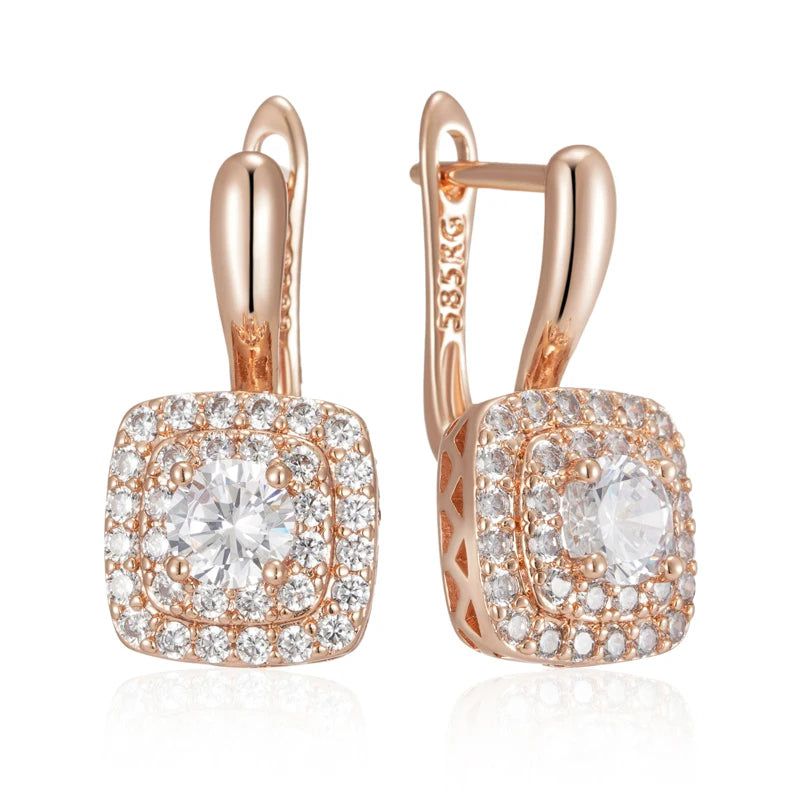 Classic Rose Gold Geometric Drop Earrings with Natural Zircon Crystals