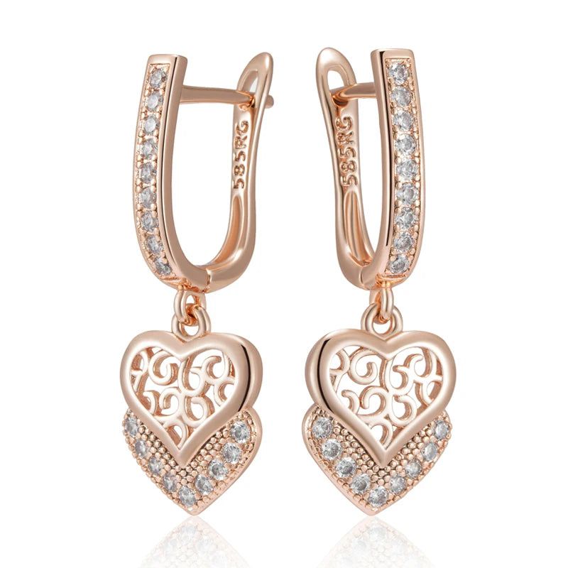 Classic Rose Gold Geometric Long Drop Earrings with Natural Zircon – Vintage-Inspired Jewelry