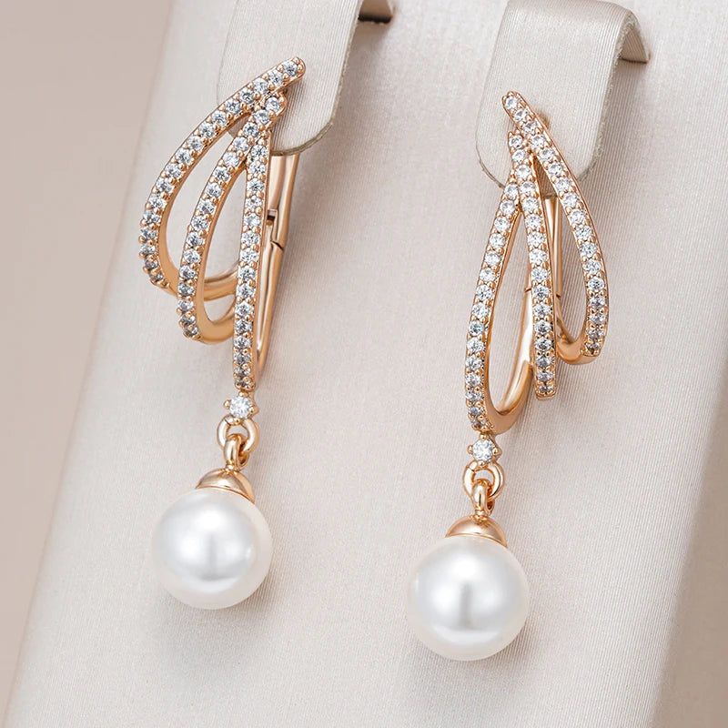 Classic Rose Gold Geometric Long Drop Pearl Earrings with Natural Zircon Accents for Bridal and Special Occasions