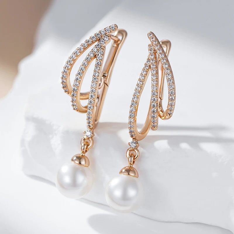 Classic Rose Gold Geometric Long Drop Pearl Earrings with Natural Zircon Accents for Bridal and Special Occasions