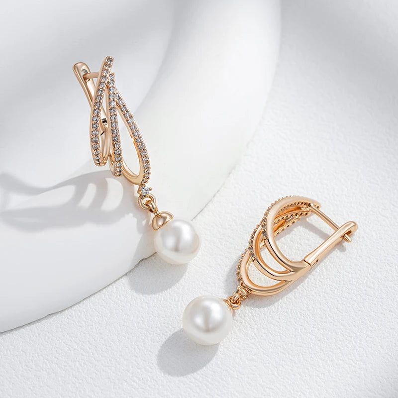 Classic Rose Gold Geometric Long Drop Pearl Earrings with Natural Zircon Accents for Bridal and Special Occasions