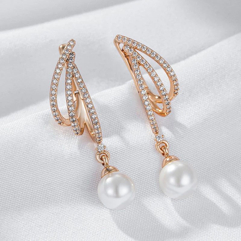 Classic Rose Gold Geometric Long Drop Pearl Earrings with Natural Zircon Accents for Bridal and Special Occasions