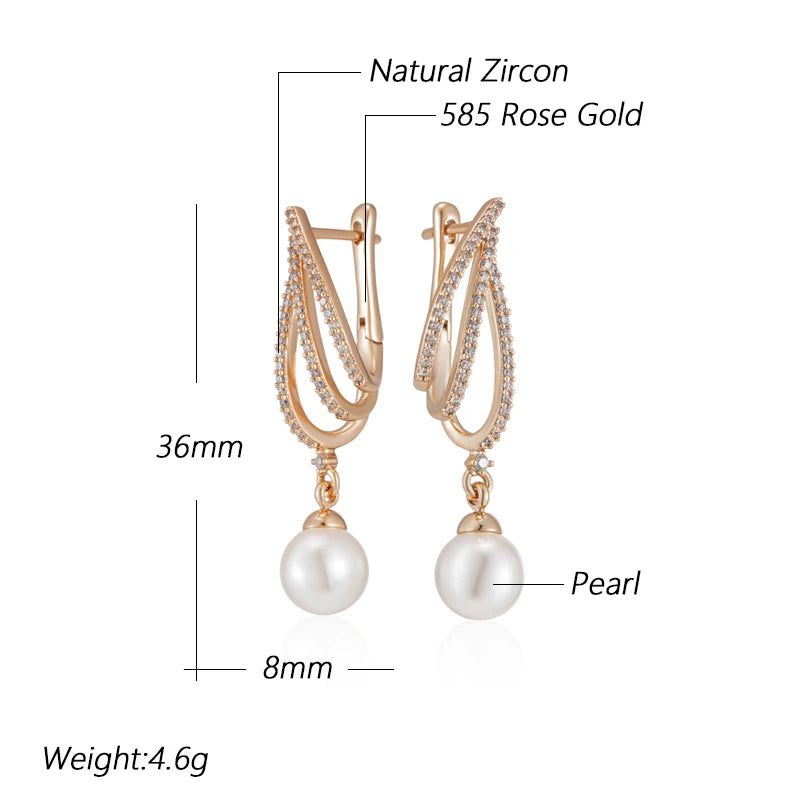 Classic Rose Gold Geometric Long Drop Pearl Earrings with Natural Zircon Accents for Bridal and Special Occasions