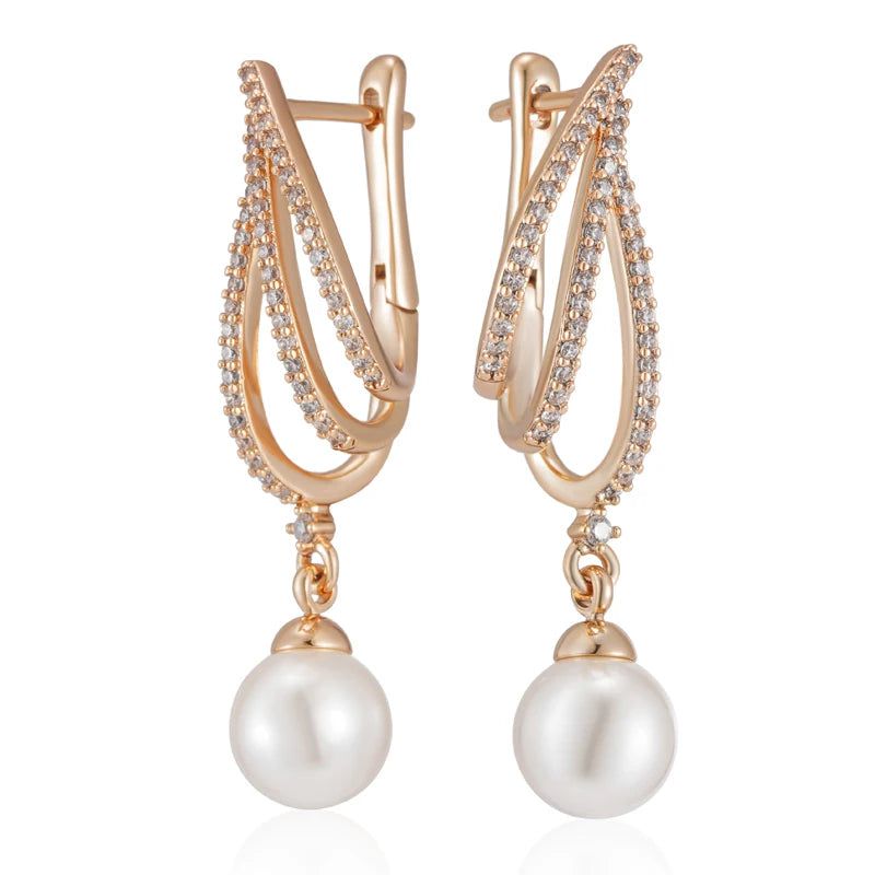 Classic Rose Gold Geometric Long Drop Pearl Earrings with Natural Zircon Accents for Bridal and Special Occasions