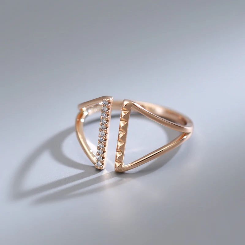 Classic Rose Gold Geometric Open Ring with Natural Zircon - Vintage Cocktail Jewelry